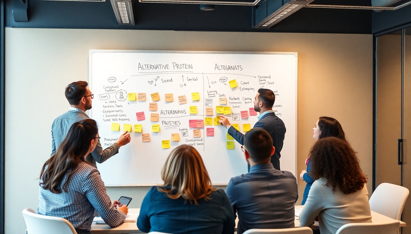 新規事業チームがホワイトボードとポストイットを使って代替プロテイン事業のアイデアを議論しているビジネスワークショップ