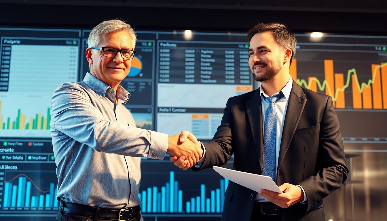 資金調達グラフと投資家の握手シーンを表現した投資イメージ